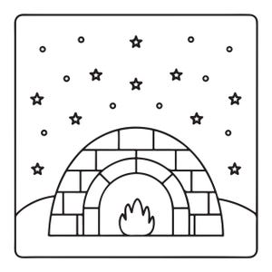 May include: A black and white line art illustration featuring a dome-shaped igloo constructed from rectangular blocks. A stylised flame is visible inside the arched entrance. The scene is set against a night sky filled with stars and circles.