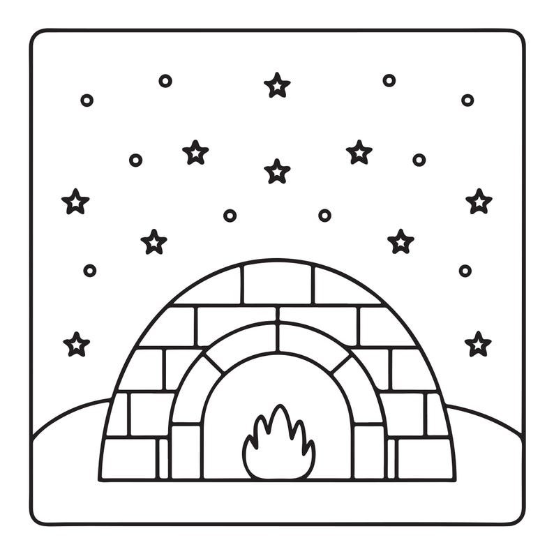 May include: A black and white line art illustration featuring a dome-shaped igloo constructed from rectangular blocks. A stylised flame is visible inside the arched entrance. The scene is set against a night sky filled with stars and circles.