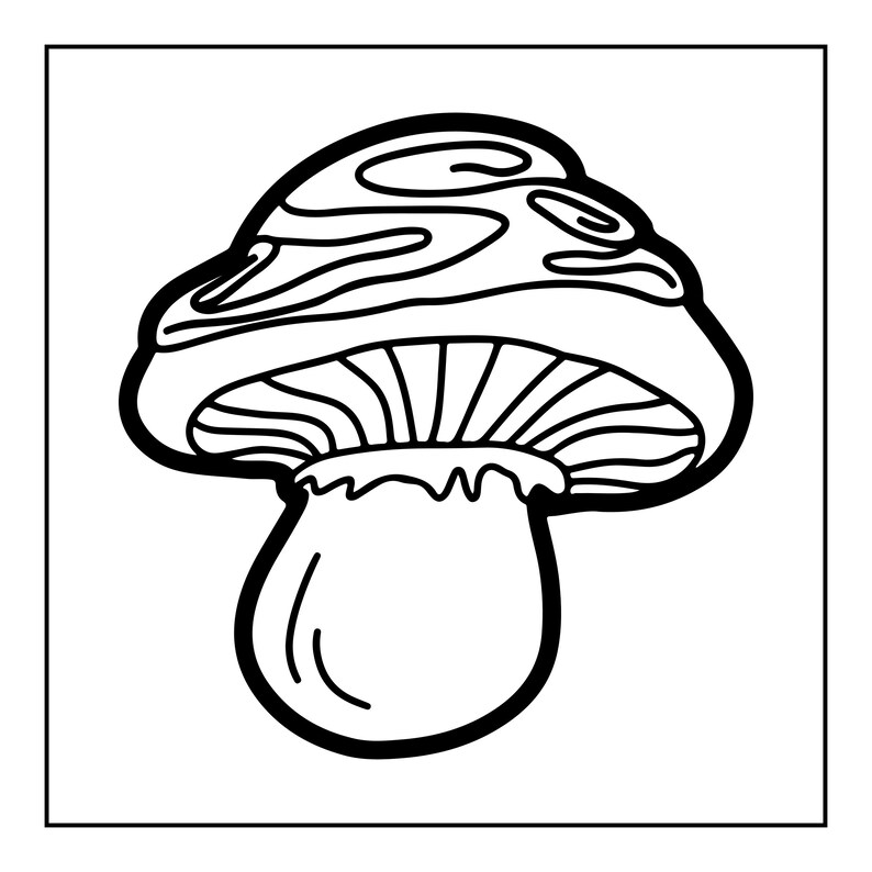 Pu&ograve; includere: Un'illustrazione in bianco e nero a tratto di un fungo. Il fungo presenta un cappello arrotondato con motivi organici vorticosi sulla superficie superiore, lamelle visibili sotto il cappello e un gambo liscio e arrotondato centrato sotto.