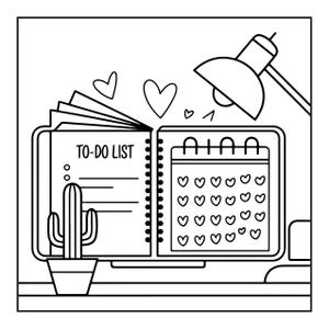 May include: A black and white line art illustration of an open planner. The left page shows a to-do list with bullet points. The right page displays a calendar grid filled with heart icons. A small potted cactus and a desk lamp are visible.