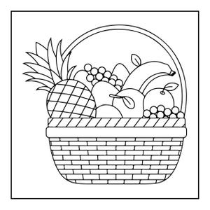 May include: A black and white line art illustration of a woven basket filled with various fruits. The basket contains a pineapple with spiky leaves, a bunch of grapes, a banana, and several round fruits like apples or oranges, all outlined in black.