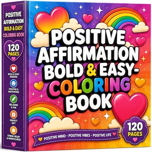 Pu&ograve; includere: Un libro da colorare quadrato intitolato Positive Affirmation Bold & Easy Coloring Book con 120 pagine. La copertina presenta un arcobaleno vibrante, cuori colorati e nuvole bianche su uno sfondo stellato. Il dorso elenca le caratteristiche.