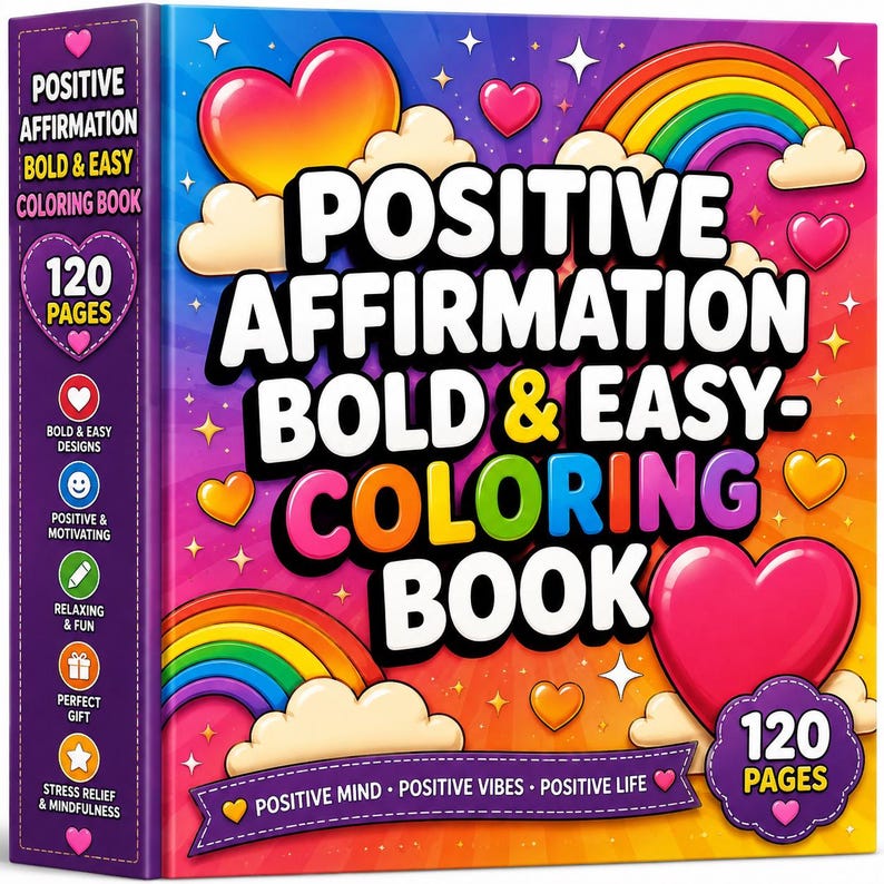 Pu&ograve; includere: Un libro da colorare quadrato intitolato Positive Affirmation Bold & Easy Coloring Book con 120 pagine. La copertina presenta un arcobaleno vibrante, cuori colorati e nuvole bianche su uno sfondo stellato. Il dorso elenca le caratteristiche.