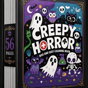 A black coloring book with a purple and black cover featuring cartoon ghosts, bats, owls, and a skeleton, with the title "Creepy Horror Boo and Easy Coloring Book" in white and red text, and "56 Pages" on the spine.