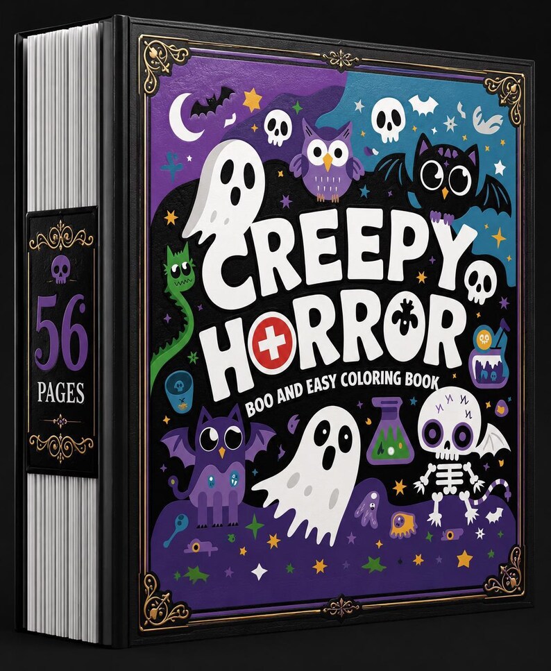 A black coloring book with a purple and black cover featuring cartoon ghosts, bats, owls, and a skeleton, with the title "Creepy Horror Boo and Easy Coloring Book" in white and red text, and "56 Pages" on the spine.