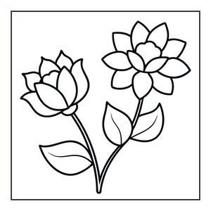 May include: A black and white line art illustration featuring two stylised flowers on a single stem. The design showcases bold outlines with two distinct blossoms and three leaves, presented as a clear, high-contrast graphic drawing.