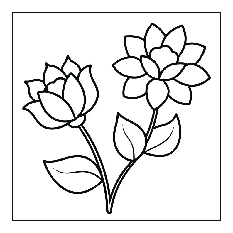 May include: A black and white line art illustration featuring two stylised flowers on a single stem. The design showcases bold outlines with two distinct blossoms and three leaves, presented as a clear, high-contrast graphic drawing.