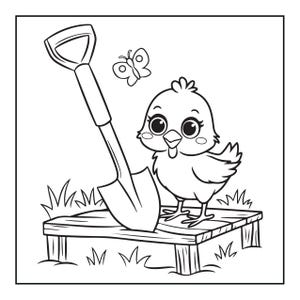 May include: A black and white line art illustration featuring a small chick standing on a wooden platform next to a shovel. A butterfly is depicted flying above the chick, and simple grass tufts are drawn at the base of the platform.