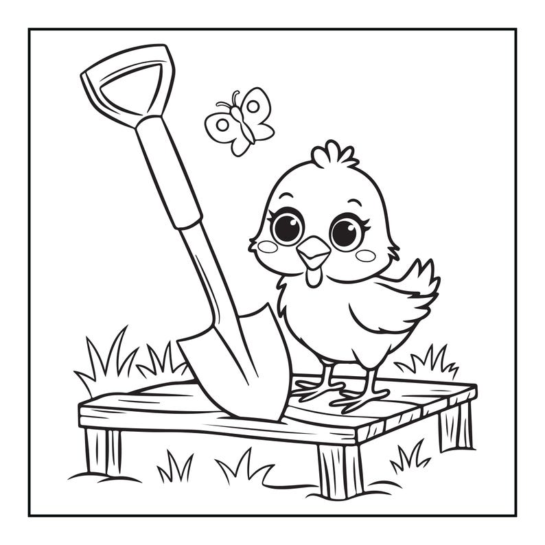 May include: A black and white line art illustration featuring a small chick standing on a wooden platform next to a shovel. A butterfly is depicted flying above the chick, and simple grass tufts are drawn at the base of the platform.