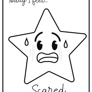A printable flashcard featuring a scared star face with sweat drops, labeled Today I feel... and Scared.