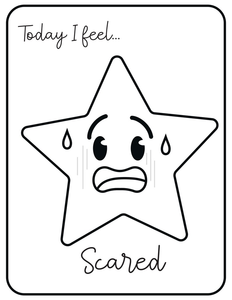 A printable flashcard featuring a scared star face with sweat drops, labeled Today I feel... and Scared.
