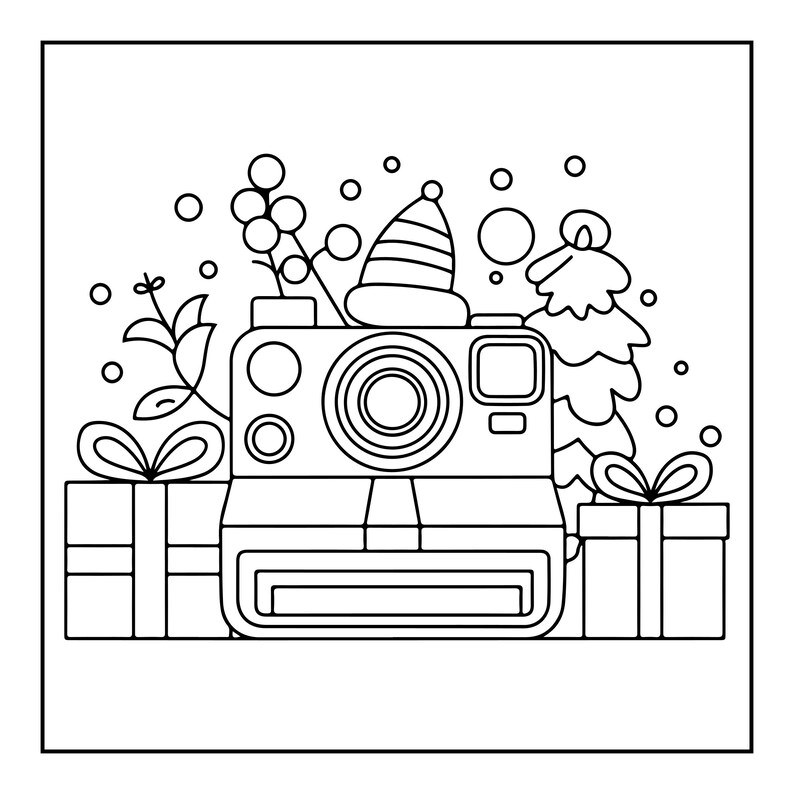 May include: A black and white line art illustration featuring an instant camera centred between two gift boxes with bows. A striped winter hat rests on top of the camera, accompanied by a small pine tree, sprigs of berries, and floating circles.