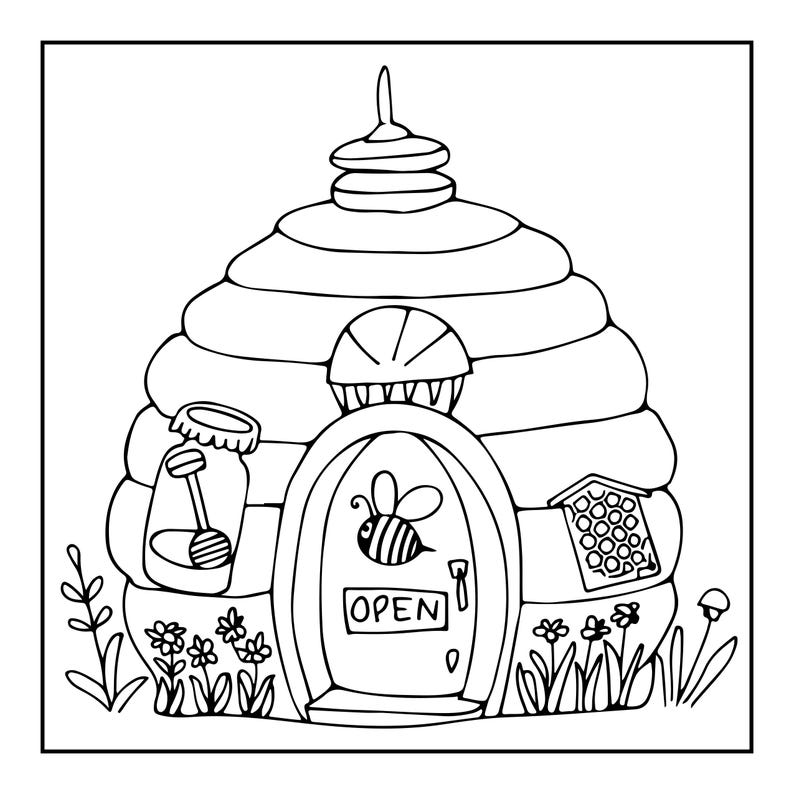 K&ouml;nnte beinhalten: Eine schwarz-wei&szlig;e Strichzeichnung eines bienenstockf&ouml;rmigen Hauses. Das Geb&auml;ude verf&uuml;gt &uuml;ber eine zentrale Bogent&uuml;r mit Bienenmotiv und dem Wort OPEN, ein Glas mit Honigl&ouml;ffel, ein Wabenfenster und kleine Blumen am unteren Rand.