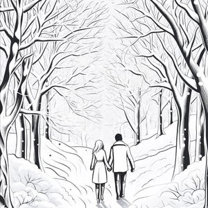 A black and white line art drawing of a couple holding hands, walking away down a snowy path lined with bare trees.