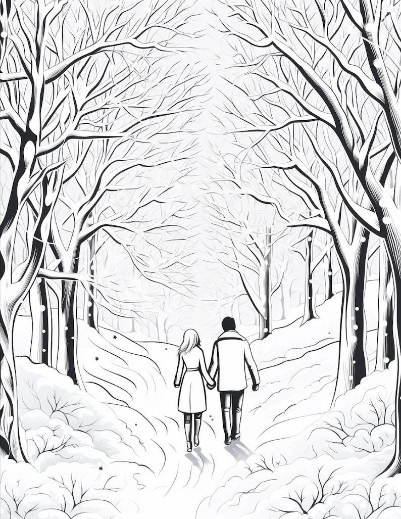 A black and white line art drawing of a couple holding hands, walking away down a snowy path lined with bare trees.