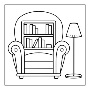 K&ouml;nnte beinhalten: Eine schwarz-wei&szlig;e Strichzeichnung, die einen gro&szlig;en Sessel mit abgerundeten Armlehnen vor einem zweist&ouml;ckigen B&uuml;cherregal zeigt. Rechts neben dem Sessel steht eine hohe Stehlampe mit einem konischen Lampenschirm.