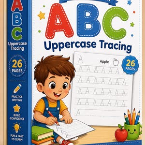 Pode incluir: Um livro educativo branco e azul intitulado ABC Uppercase Tracing com 26 p&aacute;ginas. A capa mostra uma personagem de desenho animado escrevendo a letra A, uma pilha de livros, uma ma&ccedil;&atilde; vermelha e uma caneca verde com l&aacute;pis. Texto: Learn, Trace, Grow.