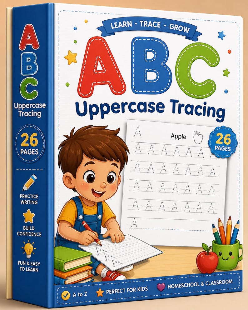 Pode incluir: Um livro educativo branco e azul intitulado ABC Uppercase Tracing com 26 p&aacute;ginas. A capa mostra uma personagem de desenho animado escrevendo a letra A, uma pilha de livros, uma ma&ccedil;&atilde; vermelha e uma caneca verde com l&aacute;pis. Texto: Learn, Trace, Grow.