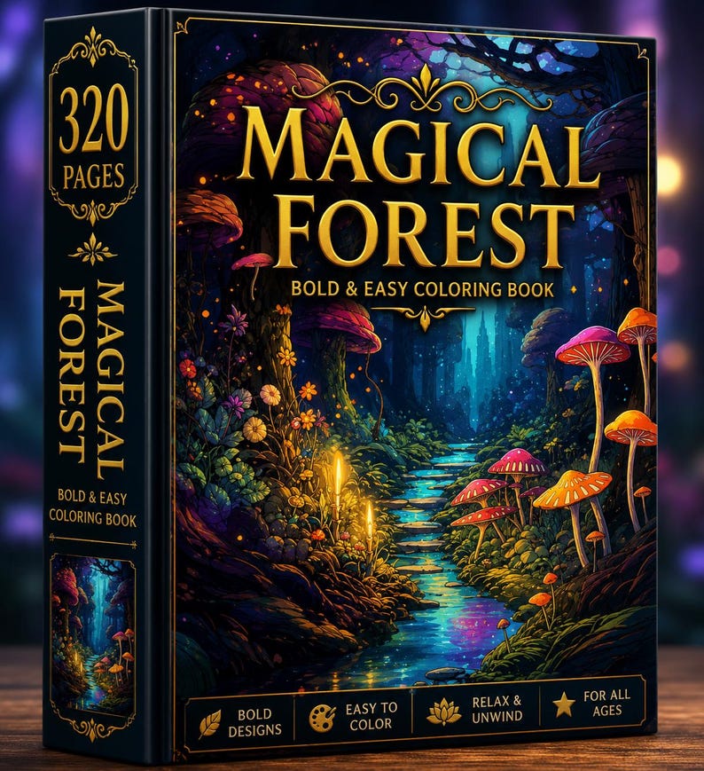 Målarbok i den magiska skogen | 320 sidor med djärva fantasisvampmönster (digital nedladdning) bild 1