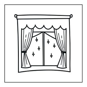 May include: A black and white line art illustration of a window featuring a valance and two side curtains tied back with fabric bands. The window panes are decorated with small, four-pointed star shapes scattered across the glass surface.