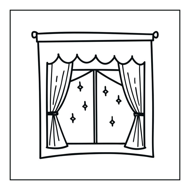 May include: A black and white line art illustration of a window featuring a valance and two side curtains tied back with fabric bands. The window panes are decorated with small, four-pointed star shapes scattered across the glass surface.