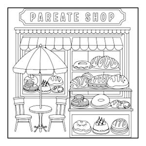 Op de afbeelding: Een zwart-wit lijntekening kleurplaat van een bakkerij-etalage met het opschrift PAREATE SHOP. De afbeelding toont een terrasje met een parasol en twee stoelen, en vitrines gevuld met diverse soorten gebak, taartjes en verschillende broden.