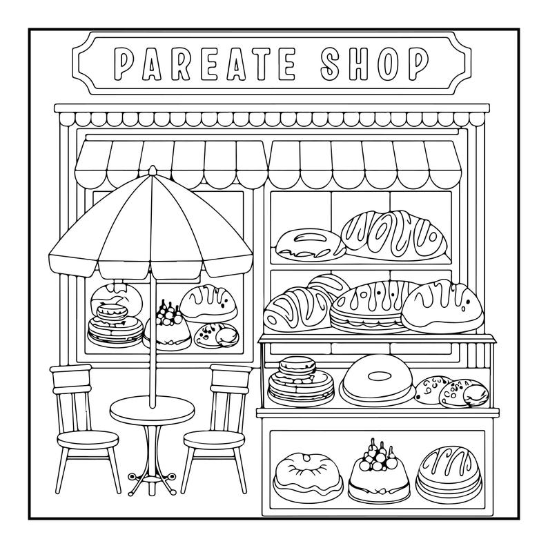 Op de afbeelding: Een zwart-wit lijntekening kleurplaat van een bakkerij-etalage met het opschrift PAREATE SHOP. De afbeelding toont een terrasje met een parasol en twee stoelen, en vitrines gevuld met diverse soorten gebak, taartjes en verschillende broden.