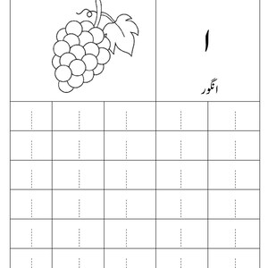 Puede incluir: Una hoja de trabajo educativa en blanco y negro con un dibujo lineal de un racimo de uvas con una hoja. La p&aacute;gina incluye el texto en urdu para uvas y la letra Alif, junto con una cuadr&iacute;cula de l&iacute;neas discontinuas para practicar.