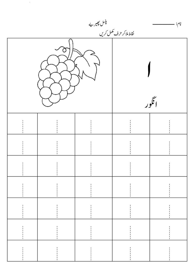 Puede incluir: Una hoja de trabajo educativa en blanco y negro con un dibujo lineal de un racimo de uvas con una hoja. La p&aacute;gina incluye el texto en urdu para uvas y la letra Alif, junto con una cuadr&iacute;cula de l&iacute;neas discontinuas para practicar.