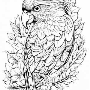 May include: A black and white line art illustration of a parrot perched among detailed leaves and flowers. The bird features intricate feather patterns and a prominent beak, surrounded by a dense arrangement of botanical elements and foliage.