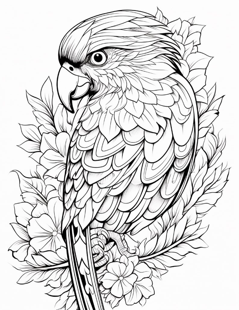 May include: A black and white line art illustration of a parrot perched among detailed leaves and flowers. The bird features intricate feather patterns and a prominent beak, surrounded by a dense arrangement of botanical elements and foliage.