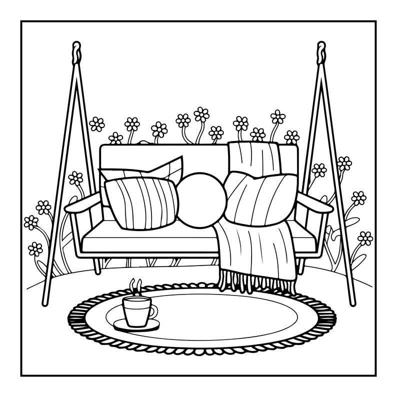 May include: A black and white line art illustration of a porch swing with a striped cushion, a round cushion, and a fringed throw. A steaming mug sits on a round rug in the foreground, with stylised flowers in the background.
