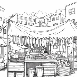 K&ouml;nnte beinhalten: Eine schwarz-wei&szlig;e Strichzeichnung eines Marktstandes im Freien. Der Stand verf&uuml;gt &uuml;ber ein gro&szlig;es Stoffdach mit h&auml;ngenden Kleidungsst&uuml;cken, eine h&ouml;lzerne Theke mit verschiedenen Waren und gestapelte Kisten. Im Hintergrund sind Geb&auml;ude zu sehen.