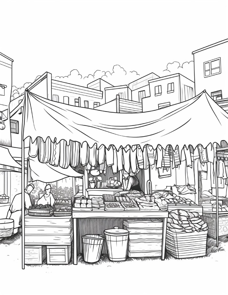 K&ouml;nnte beinhalten: Eine schwarz-wei&szlig;e Strichzeichnung eines Marktstandes im Freien. Der Stand verf&uuml;gt &uuml;ber ein gro&szlig;es Stoffdach mit h&auml;ngenden Kleidungsst&uuml;cken, eine h&ouml;lzerne Theke mit verschiedenen Waren und gestapelte Kisten. Im Hintergrund sind Geb&auml;ude zu sehen.