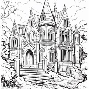 May include: A black and white line art illustration of a multi-story stone mansion featuring a central tower with a pointed roof, arched windows, a stone staircase leading to an arched entrance, and surrounding trees under a cloudy sky.