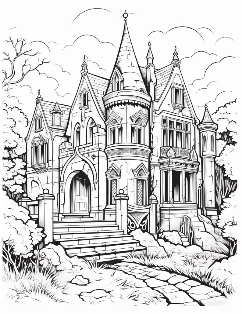 May include: A black and white line art illustration of a multi-story stone mansion featuring a central tower with a pointed roof, arched windows, a stone staircase leading to an arched entrance, and surrounding trees under a cloudy sky.