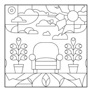 A line drawing in a stained-glass style, depicting an armchair between two potted plants, under a sky with clouds and a sun.