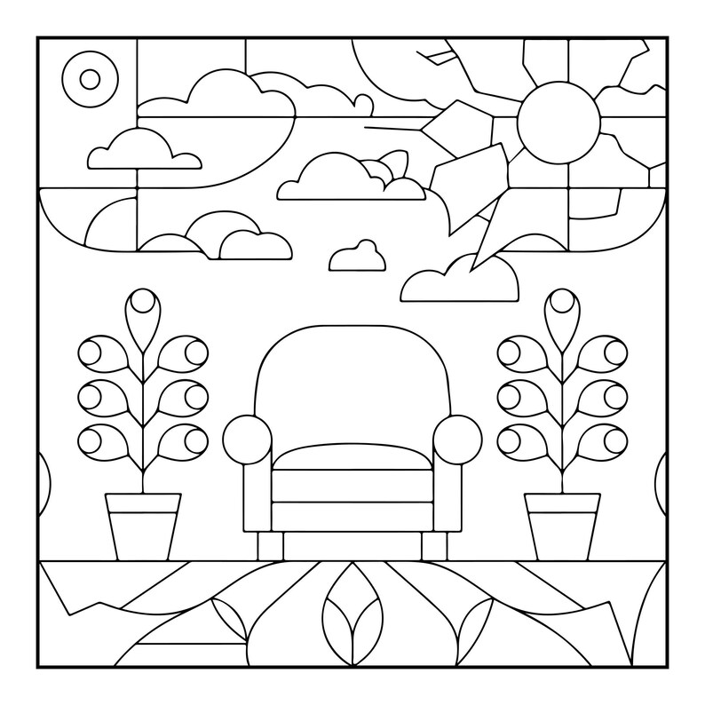 A line drawing in a stained-glass style, depicting an armchair between two potted plants, under a sky with clouds and a sun.