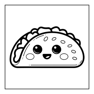 以下が含まれることがあります： 笑顔のタコスを描いた白黒の線画イラスト。タコスには大きな円形の目、小さな曲線状の口、2つの丸い頬が描かれています。タコスの殻には小さな楕円形の模様と、レタスの縁のような波打つデザインが施されています。