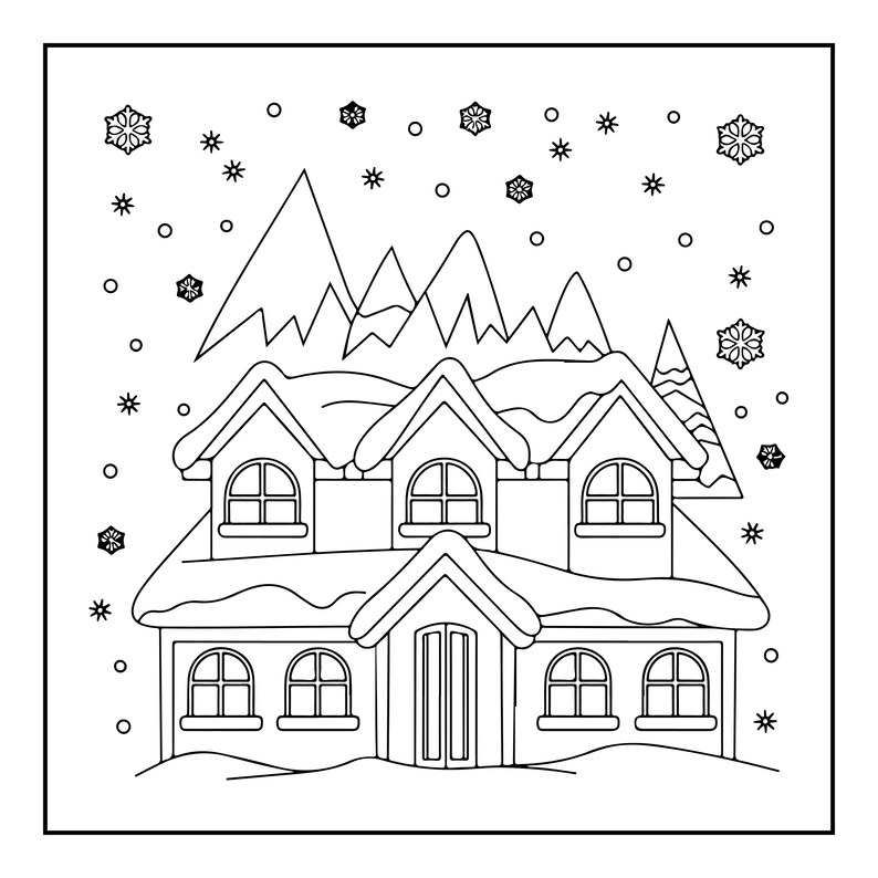 May include: A black and white line art colouring page featuring a two-storey house covered in snow. The scene includes a snowy ground, a peaked roof with snow accumulation, arched windows, and a central doorway. Mountains and snowflakes fill the sky.