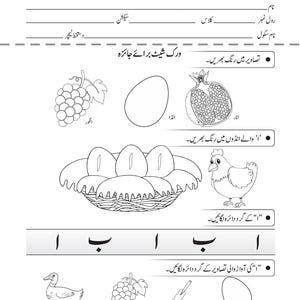 An Urdu review worksheet featuring coloring activities with grapes, an egg, a pomegranate, a basket of eggs, a hen, and letter recognition exercises.
