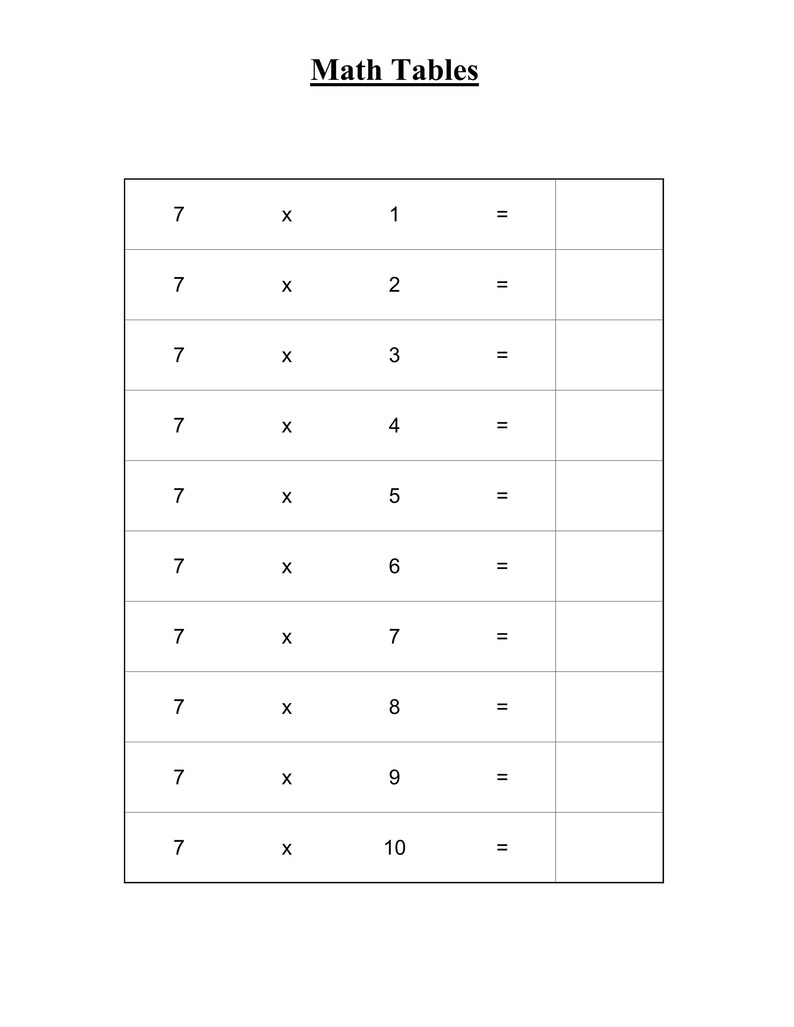 Peut inclure: Une feuille de travail &eacute;ducative blanche intitul&eacute;e Math Tables pr&eacute;sentant une table de multiplication pour le chiffre sept. Le tableau liste les &eacute;quations de 7 x 1 &agrave; 7 x 10 avec des cases vides &agrave; droite pour inscrire les r&eacute;ponses en noir.