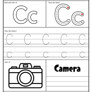A printable worksheet page for the letter C featuring upper and lower case tracing exercises, a coloring graphic of a camera, and a row of circled letters below.