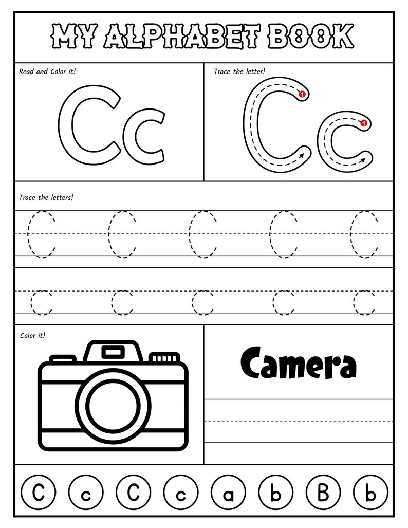 A printable worksheet page for the letter C featuring upper and lower case tracing exercises, a coloring graphic of a camera, and a row of circled letters below.