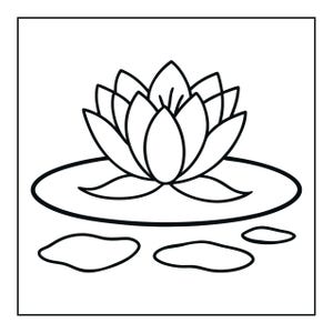 May include: A black and white line art illustration of a lotus flower centred on a large lily pad. Below the lily pad, there are two small, irregular oval shapes representing water ripples or small stones, all enclosed within a square border.