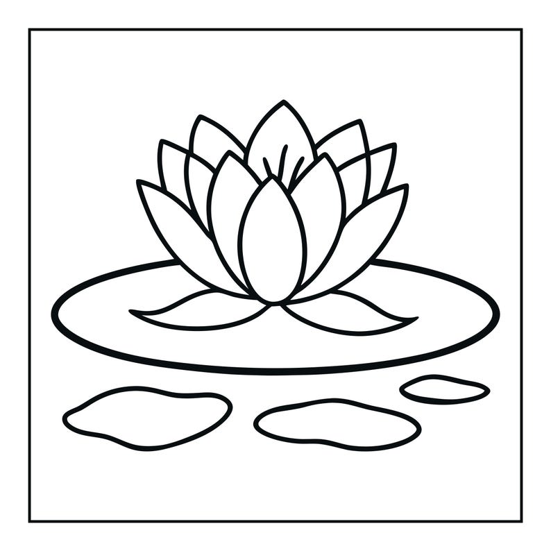 May include: A black and white line art illustration of a lotus flower centred on a large lily pad. Below the lily pad, there are two small, irregular oval shapes representing water ripples or small stones, all enclosed within a square border.