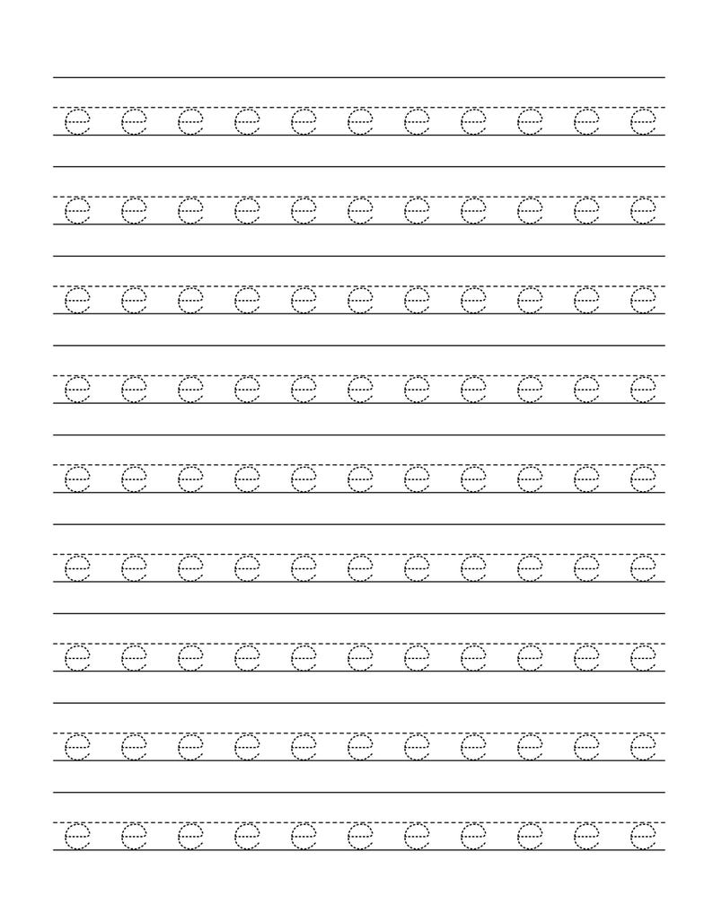 Pode incluir: Uma folha de exerc&iacute;cios branca com oito linhas horizontais de tra&ccedil;os pretos pontilhados. Cada linha cont&eacute;m dez letras min&uacute;sculas e escritas com uma fonte pontilhada, projetadas para praticar a caligrafia em papel pautado padr&atilde;o.