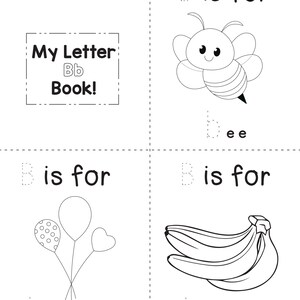 A printable coloring booklet page for the letter B featuring dotted tracing text and illustrations of a bee, balloons, and bananas.