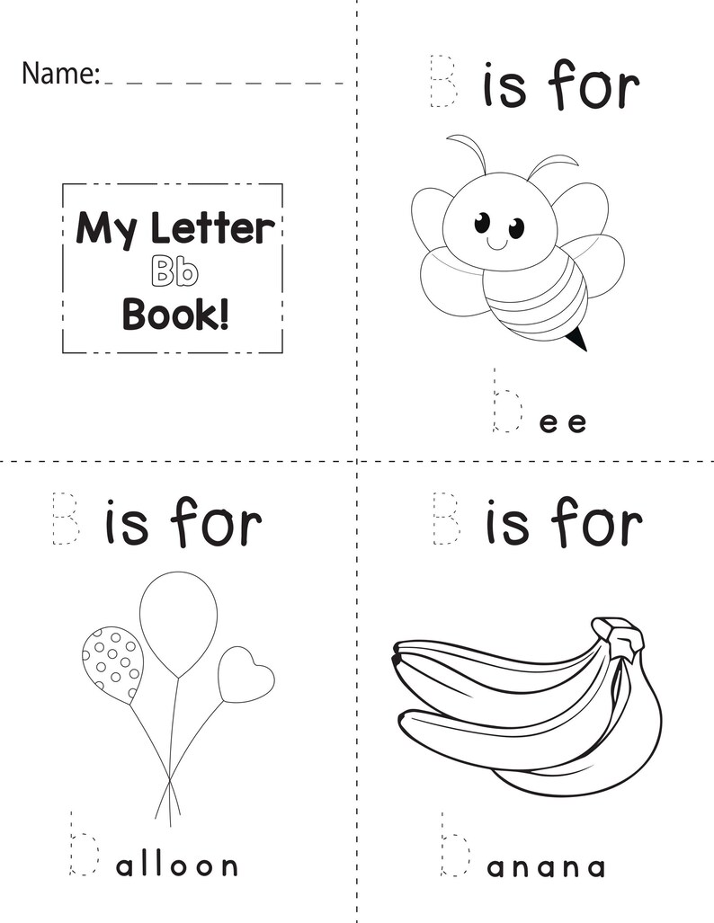 A printable coloring booklet page for the letter B featuring dotted tracing text and illustrations of a bee, balloons, and bananas.