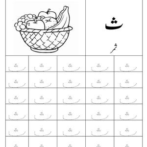 Puede incluir: Una hoja de trabajo educativa en blanco y negro con un dibujo lineal de una cesta de frutas con uvas, manzanas y pl&aacute;tanos. La p&aacute;gina incluye la letra urdu sheen, la palabra thamar y una cuadr&iacute;cula de l&iacute;neas punteadas para practicar.